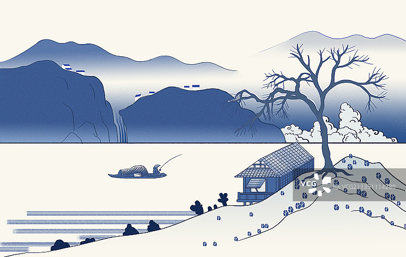 中国风仿古浮世绘新中式国画青色山水画意境江河湖泊背景插画图片素材