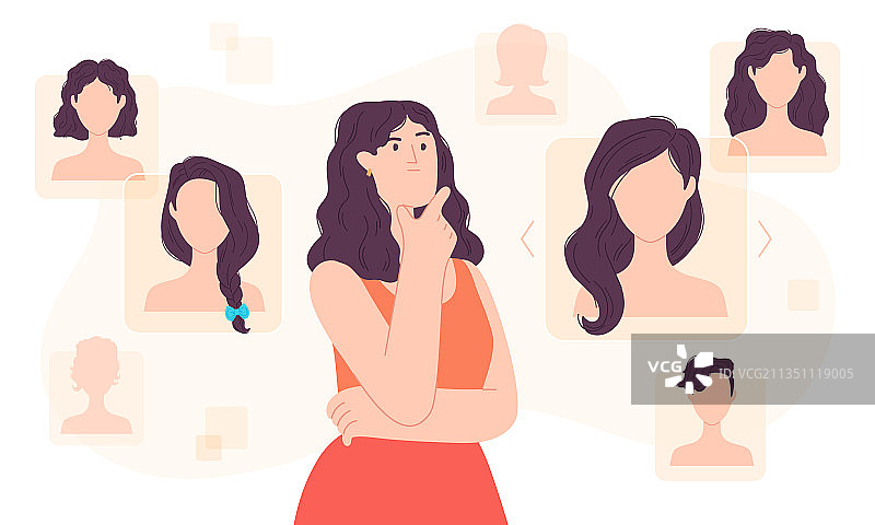 扁平风格的女人在数字空间中选择发型图片素材