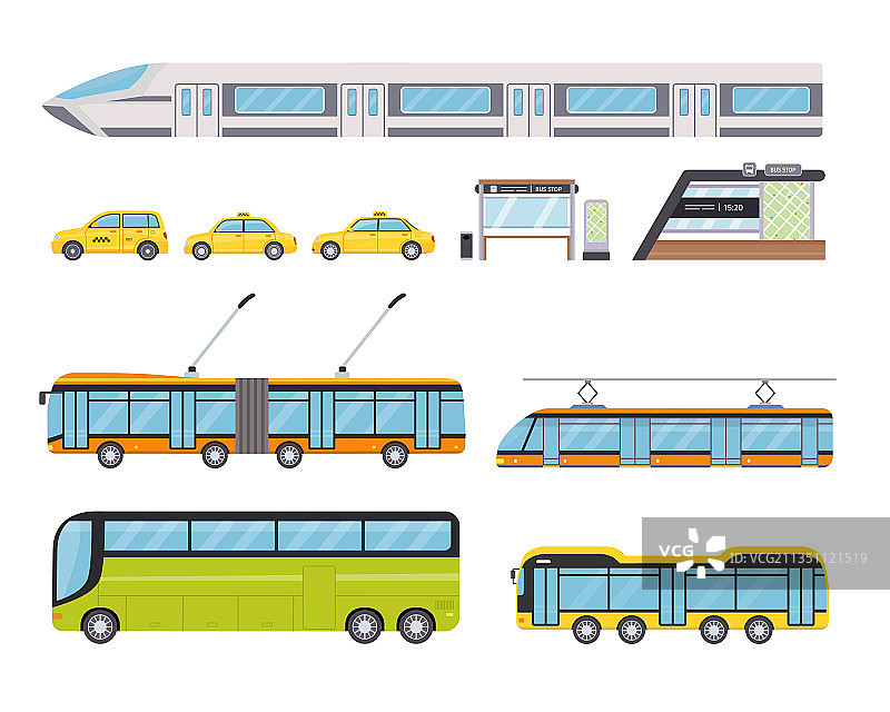 扁平风格公共城市陆地交通和黄色出租车图片素材