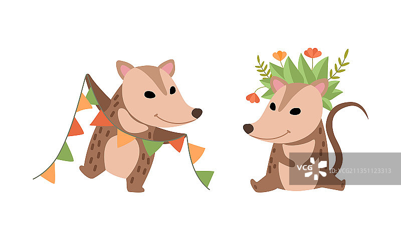 可爱的美洲负鼠拿着花环坐着图片素材