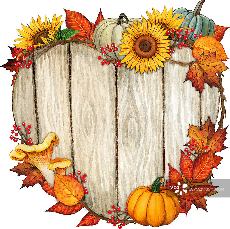 水彩秋季木制心形标志牌图片素材