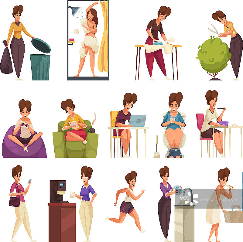 女性日常活动扁平化素材图片素材