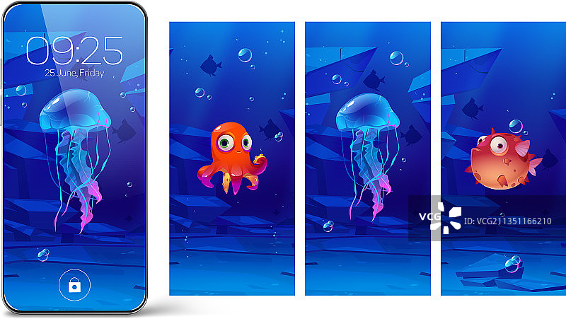带有水下动物的智能手机锁屏图片素材