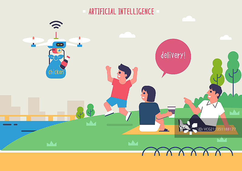 配送、生活方式、机器人、无人机、无人机配送、公园图片素材