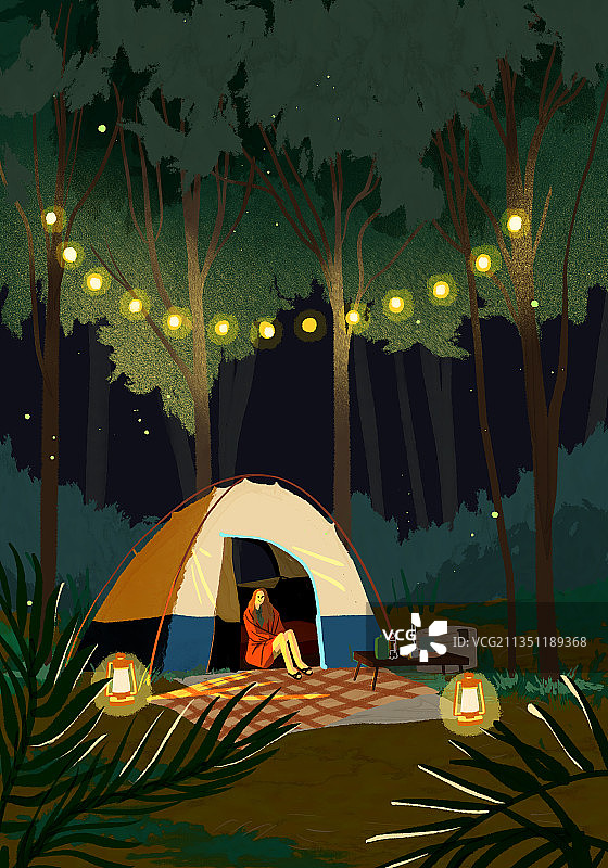 夏夜森林露营景象图片素材