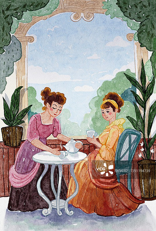 水彩风格法式复古惬意的下午茶时光图片素材