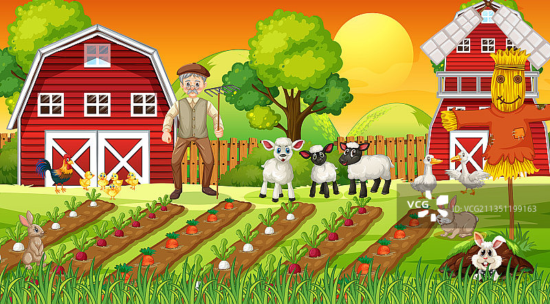 日落时分的农场场景，有老农和可爱的动物图片素材