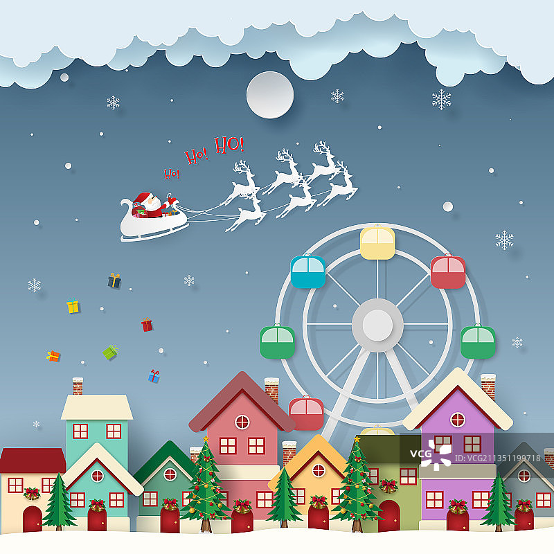 城镇中圣诞老人的纸艺风格图片素材