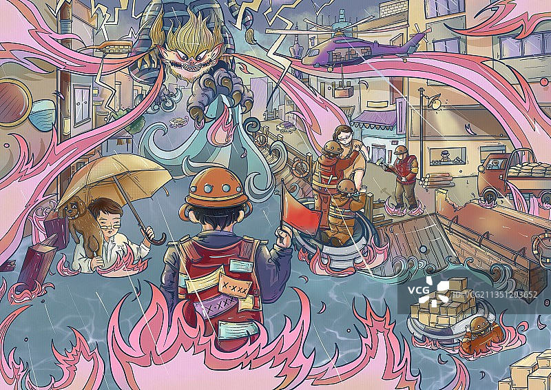 男孩手执旗帜引领八方支援，共同对抗灾难，且进行一场水火之战，图片素材