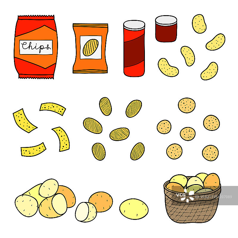 手绘薯片和包装套装图片素材