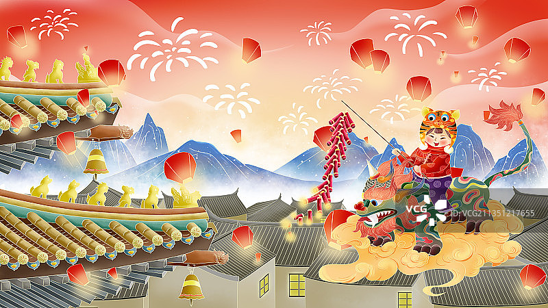 小孩骑着年兽放鞭炮贺新年中国风插画图片素材