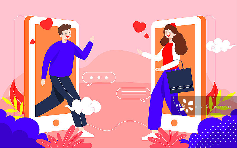 情人节恋爱人物插画情侣异地恋浪漫约会海报图片素材