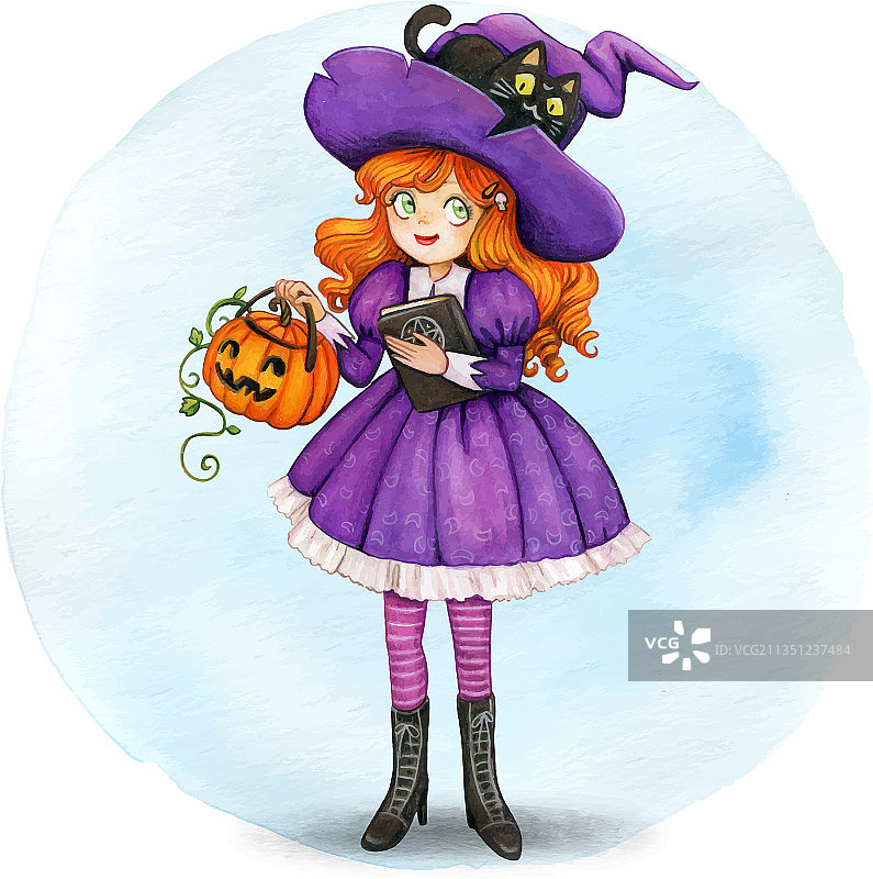 水彩南瓜黑猫可爱女巫图片素材