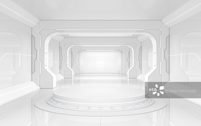 白色未来感室内空间 3D渲染图片素材