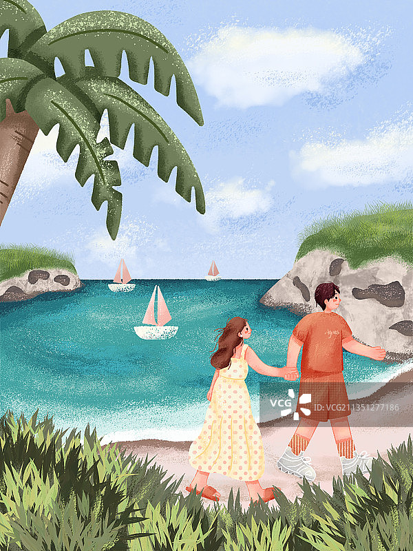 插画-节气-小暑-情侣-海边-扁平风-愉快图片素材