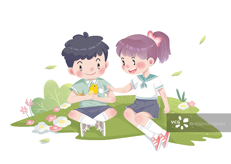 草地上的男孩女孩与小鸟图片素材