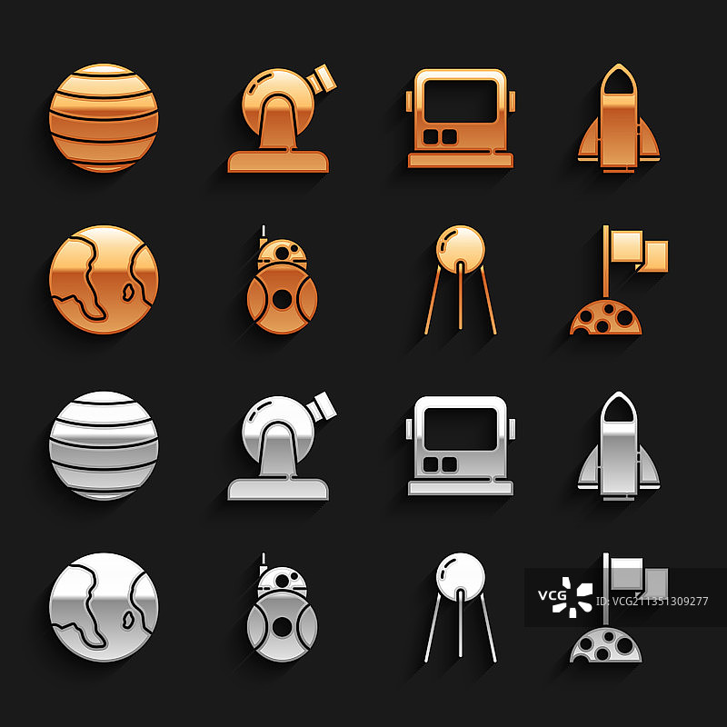 带有旗帜卫星的机器人火箭飞船月球设置图片素材