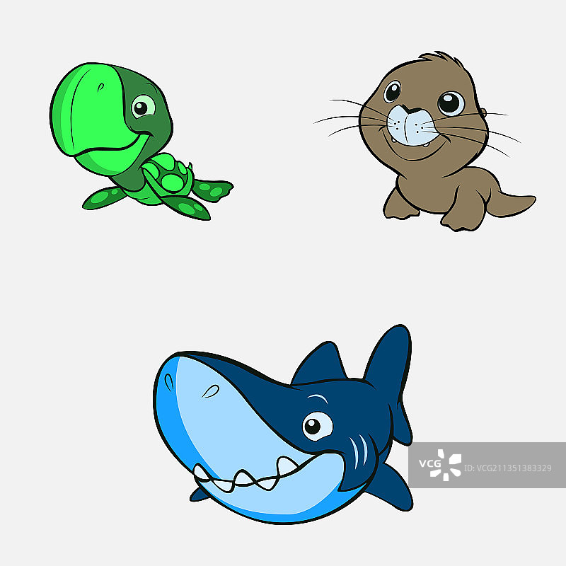 可爱的海龟、海豹和鲨鱼动物套装图片素材