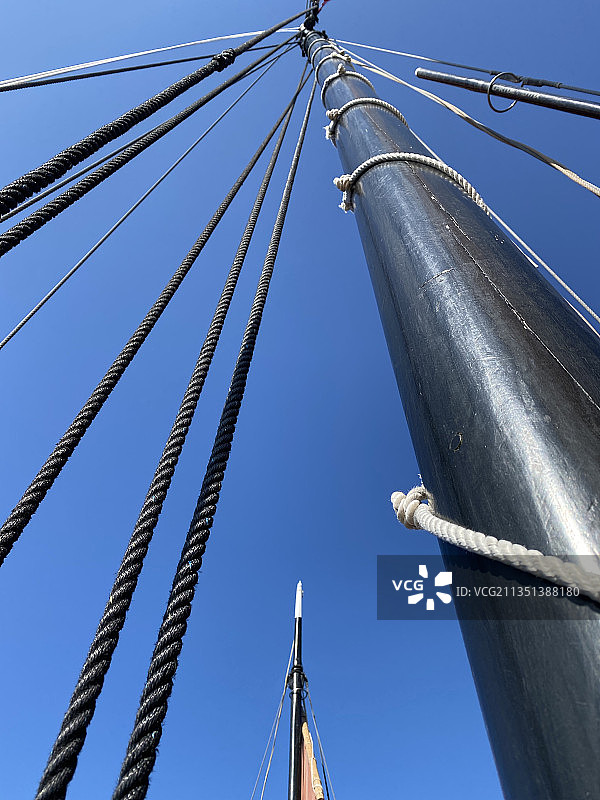 德国，Wustrow，桅杆在晴朗蓝天下的仰视角度照片图片素材