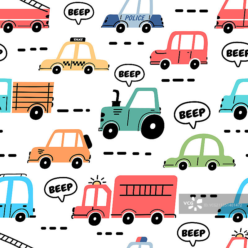 卡通汽车与卡车警车无缝图案图片素材