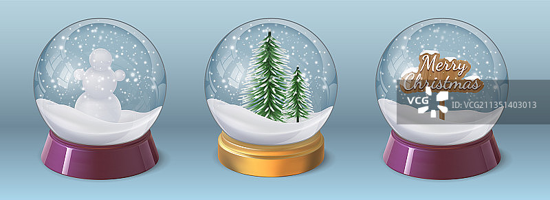 带雪人和树木的逼真水晶雪球图片素材