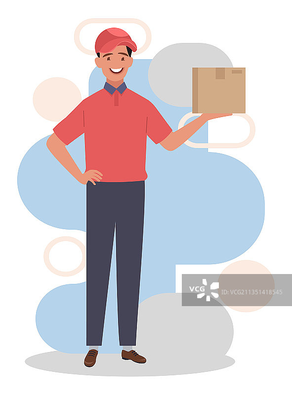 拿着箱子的快递员，戴红帽子的年轻快递员图片素材
