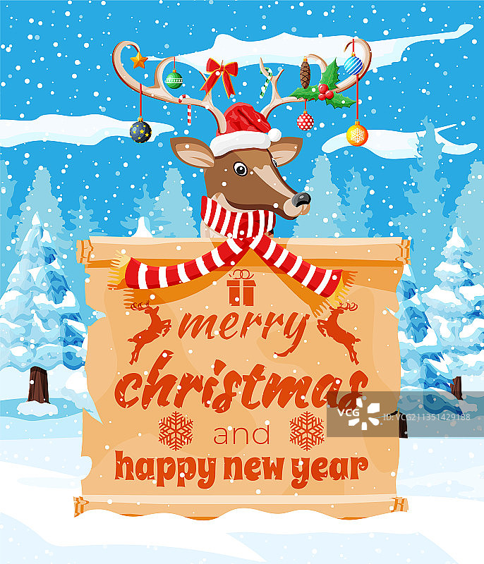 戴着鹿角、围巾和冬青树蝴蝶结的可爱小鹿图片素材