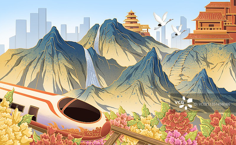 高铁山水国潮插画图片素材