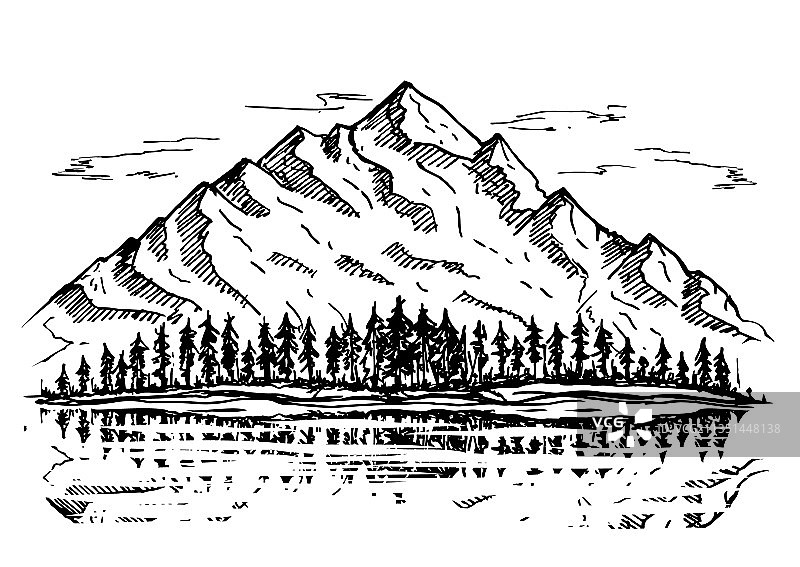 荒野自然景观：山湖松树图片素材