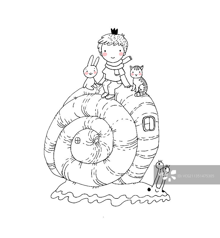 小王子猫咪和兔子骑在蜗牛上图片素材