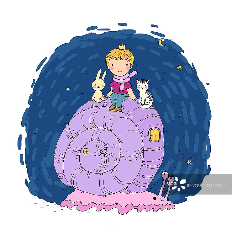 小王子猫咪和兔子骑在蜗牛上图片素材