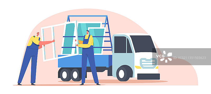 工人搬运PVC窗户图片素材