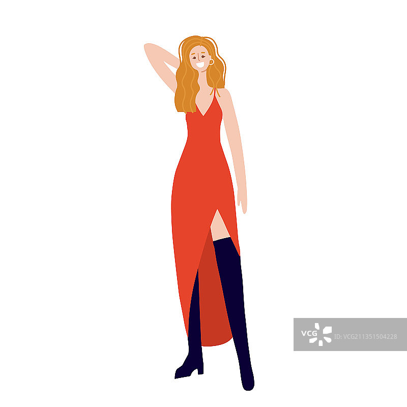 身穿红色开衩裙的年轻女士图片素材