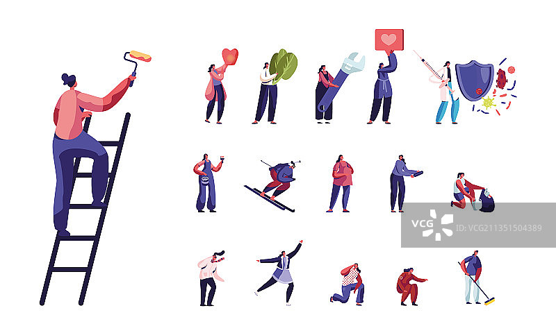 女性角色用滚筒刷墙图片素材