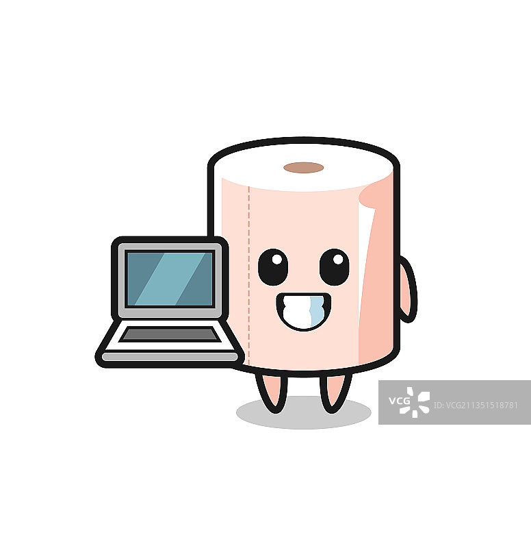 带笔记本电脑的纸巾卷吉祥物图片素材