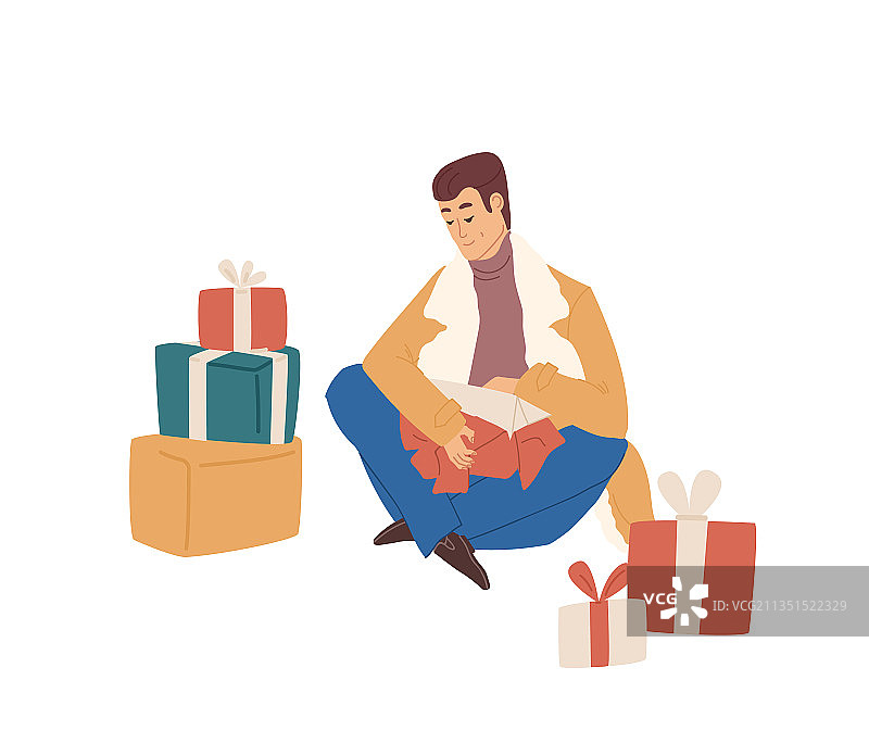 男人打开冬季礼品盒图片素材