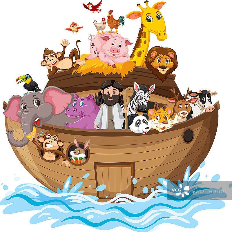 诺亚方舟与动物在水波上隔离图片素材