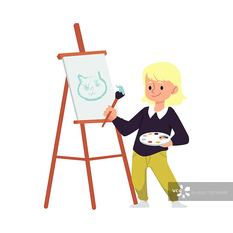 金发女孩站在画架后绘画图片素材