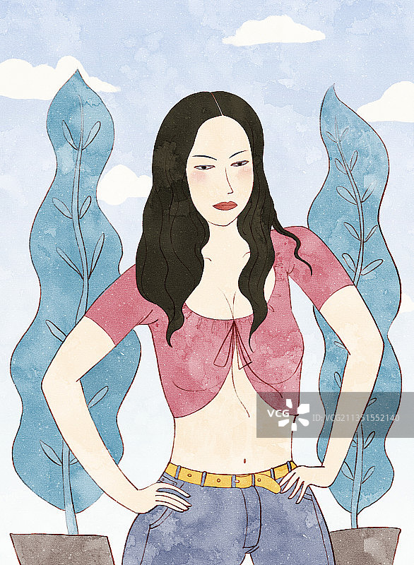 叉腰的女孩人物水彩插画图片素材