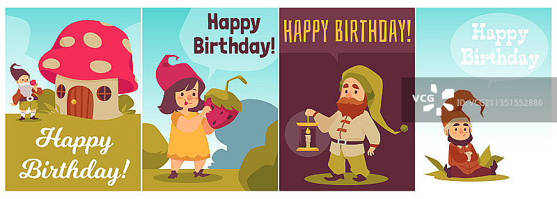 带儿童侏儒或小矮人的生日贺卡套装图片素材