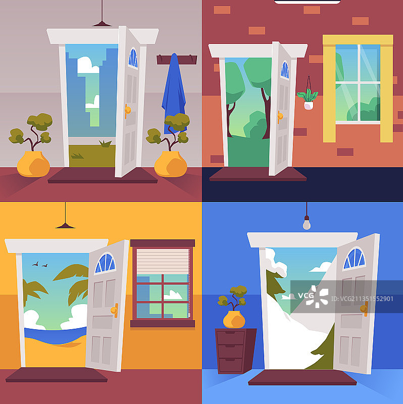 敞开的门，夏冬风景，扁平风格图片素材
