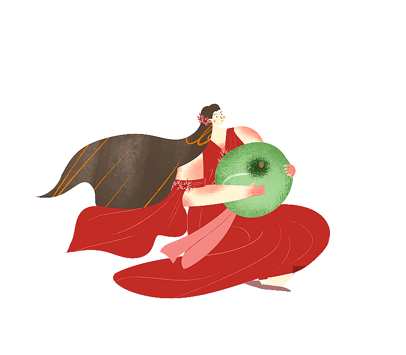 古装红衣女孩抱着青梅插画元素图片素材