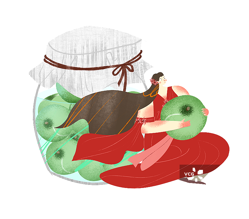 古装红衣女孩抱着青梅插画元素图片素材