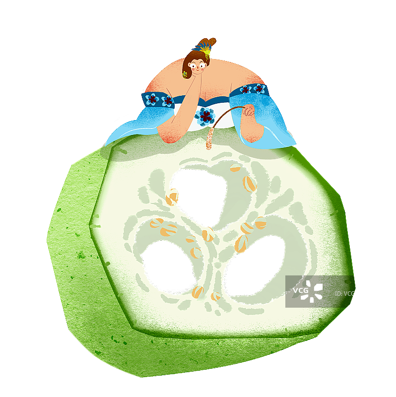 唐朝女孩和虾米冬瓜汤插画元素图片素材