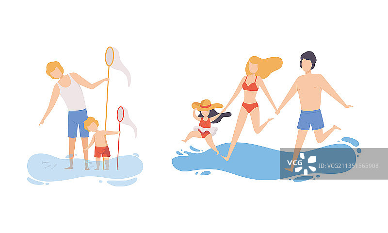 海滩上的家庭：父亲、母亲和孩子图片素材