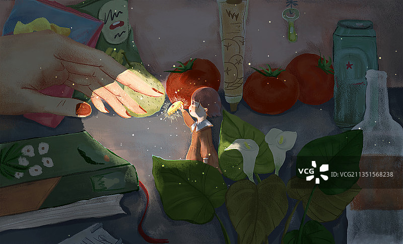 夜晚拿啤酒瓶盖的小人儿图片素材