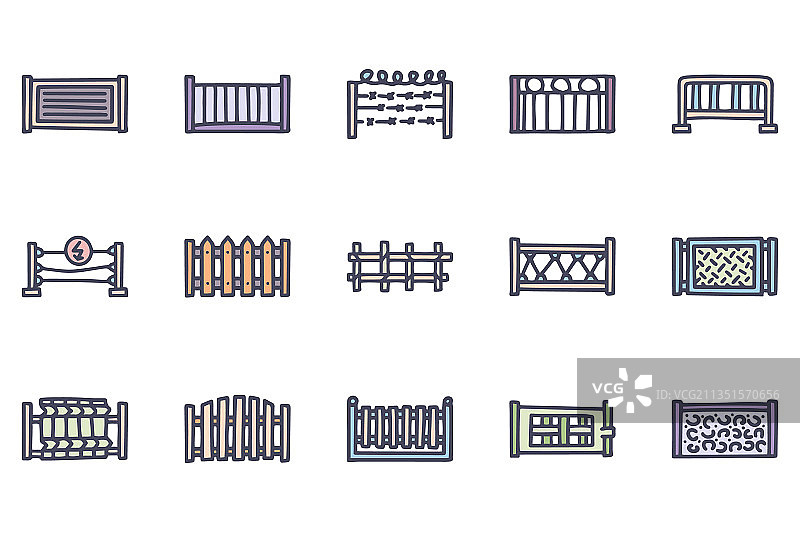 彩色涂鸦风栅栏简约图标合集图片素材