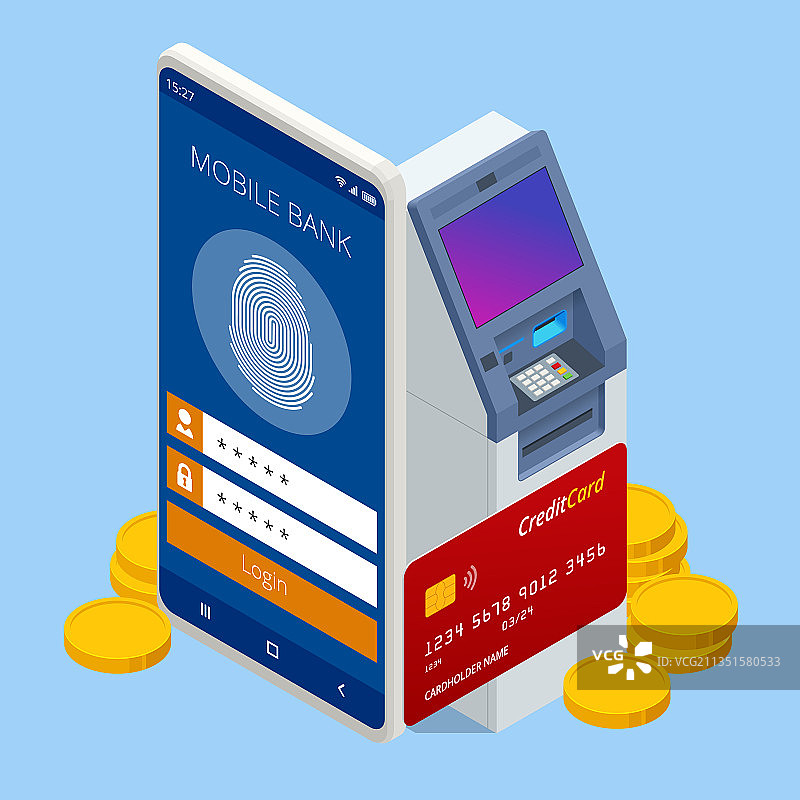 2.5D在线手机银行和互联网图片素材