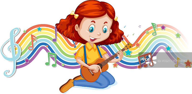 女孩弹吉他，带有旋律符号图片素材