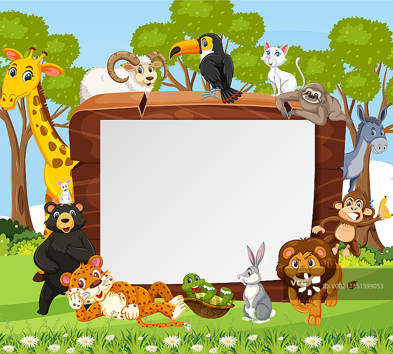 带有各种野生动物的空木制框架图片素材